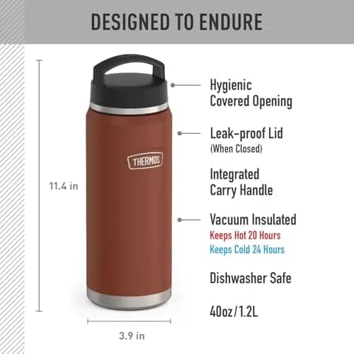 THERMOS ICON SERIES Water Bottle with Screw Top Lid 40oz | Vacuum Insulated Stainless Steel, Saddle thumbnail 2