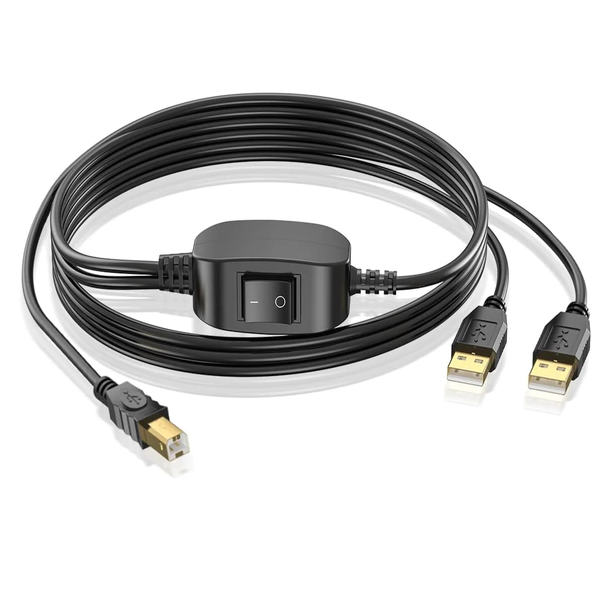 Herfair USB 2.0 A Female to 2x USB 2.0 A Male Splitter Cable with Switch & 5ft Printer Cable | 480Mbps Data Transfer — Black