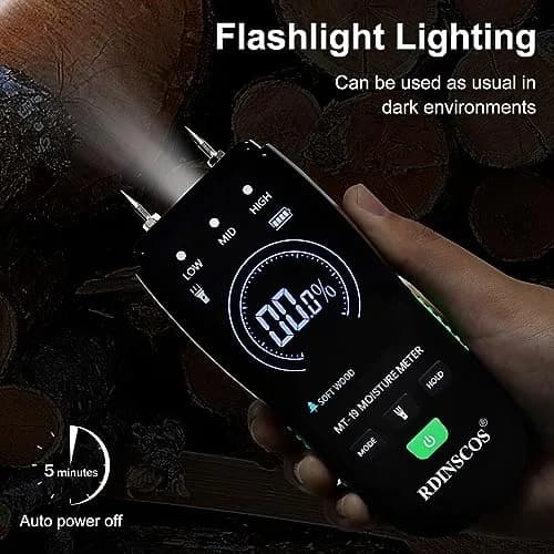 RDINSCOS Digital Moisture Meter Pin-Type Wood Moisture Detector 12mm Deep | 4 Modes for Wood, Drywall, Concrete thumbnail 7