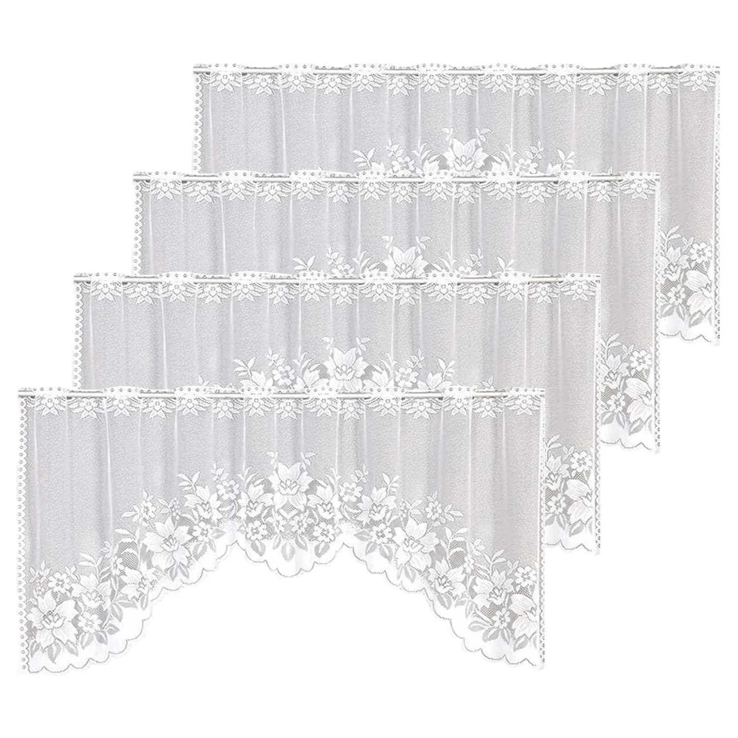 WUBODTI Vintage Sheer Voile Valance Curtains Floral Embroidery Lace Window Valances for Kitchen & Dining (White, 63" W x 24" L)
