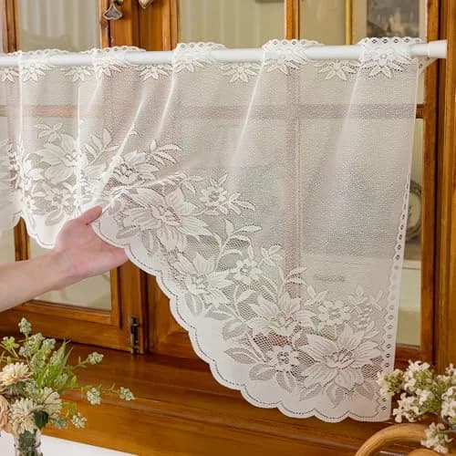 WUBODTI Vintage Sheer Voile Valance Curtains Floral Embroidery Lace Window Valances for Kitchen & Dining (White, 63" W x 24" L) thumbnail 5