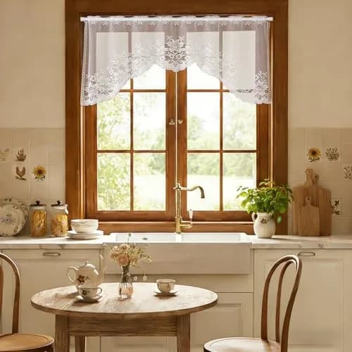 WUBODTI Vintage Sheer Voile Valance Curtains Floral Embroidery Lace Window Valances for Kitchen & Dining (White, 63" W x 24" L) thumbnail 8