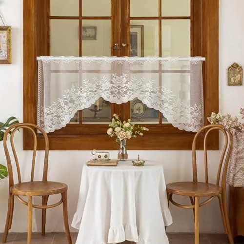 WUBODTI Vintage Sheer Voile Valance Curtains Floral Embroidery Lace Window Valances for Kitchen & Dining (White, 63" W x 24" L) thumbnail 2