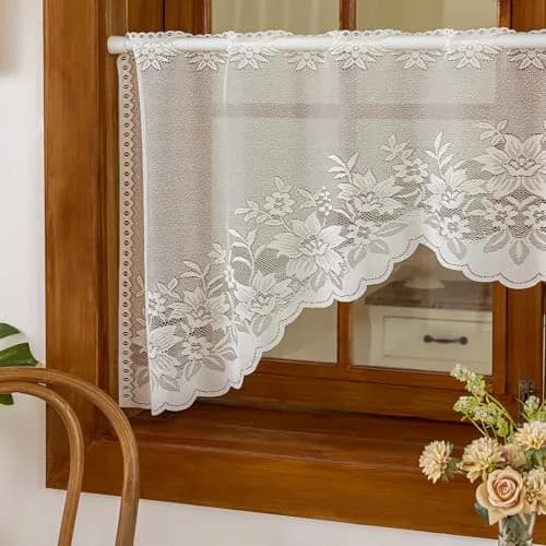 WUBODTI Vintage Sheer Voile Valance Curtains Floral Embroidery Lace Window Valances for Kitchen & Dining (White, 63" W x 24" L) thumbnail 3
