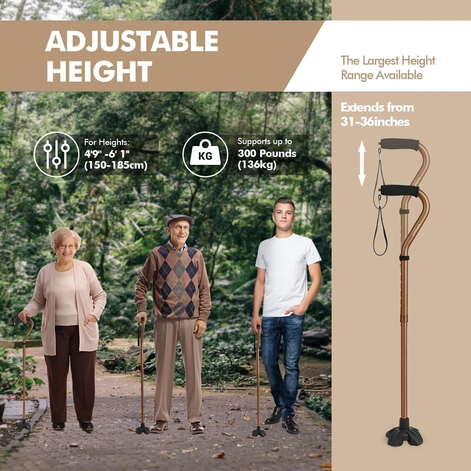 GPTCAMP Quad Base Walking Cane 79-92cm (31-36") | Self-Standing Offset Stick for Seniors - view 6