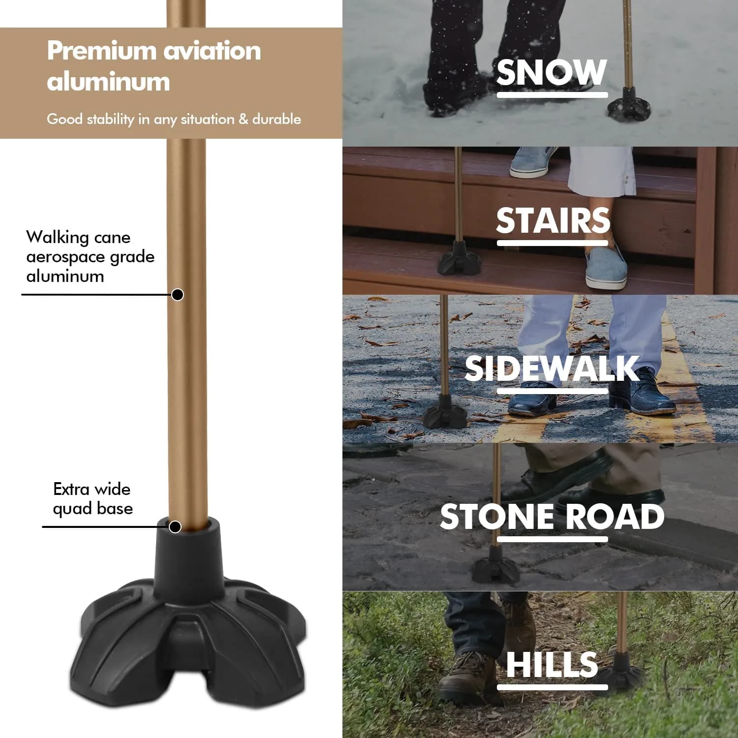 GPTCAMP Quad Base Walking Cane 79-92cm (31-36") | Self-Standing Offset Stick for Seniors - view 3