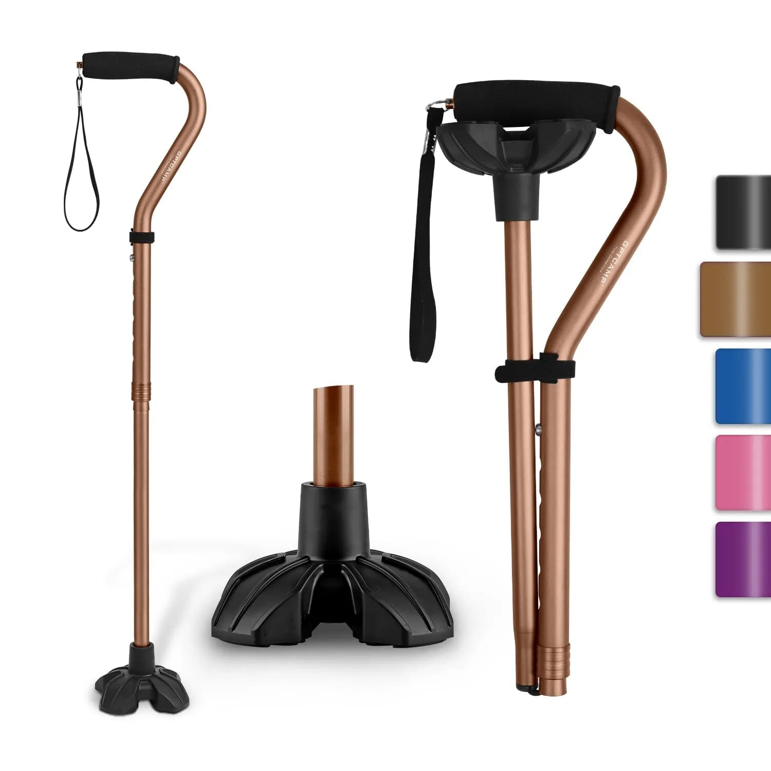 GPTCAMP Quad Base Walking Cane 79-92cm (31"-36") | Self-Standing, 140kg Capacity, Offset Grip — bronze