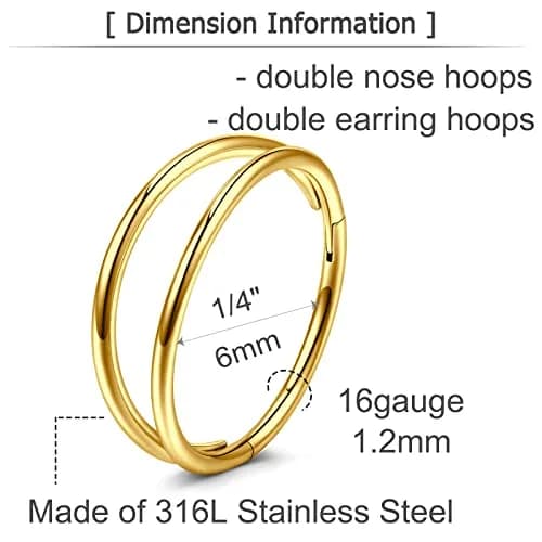 MODRSA Double Hoop Nose Ring - Gold 18g, 8mm Cartilage & Helix Hoops thumbnail 2