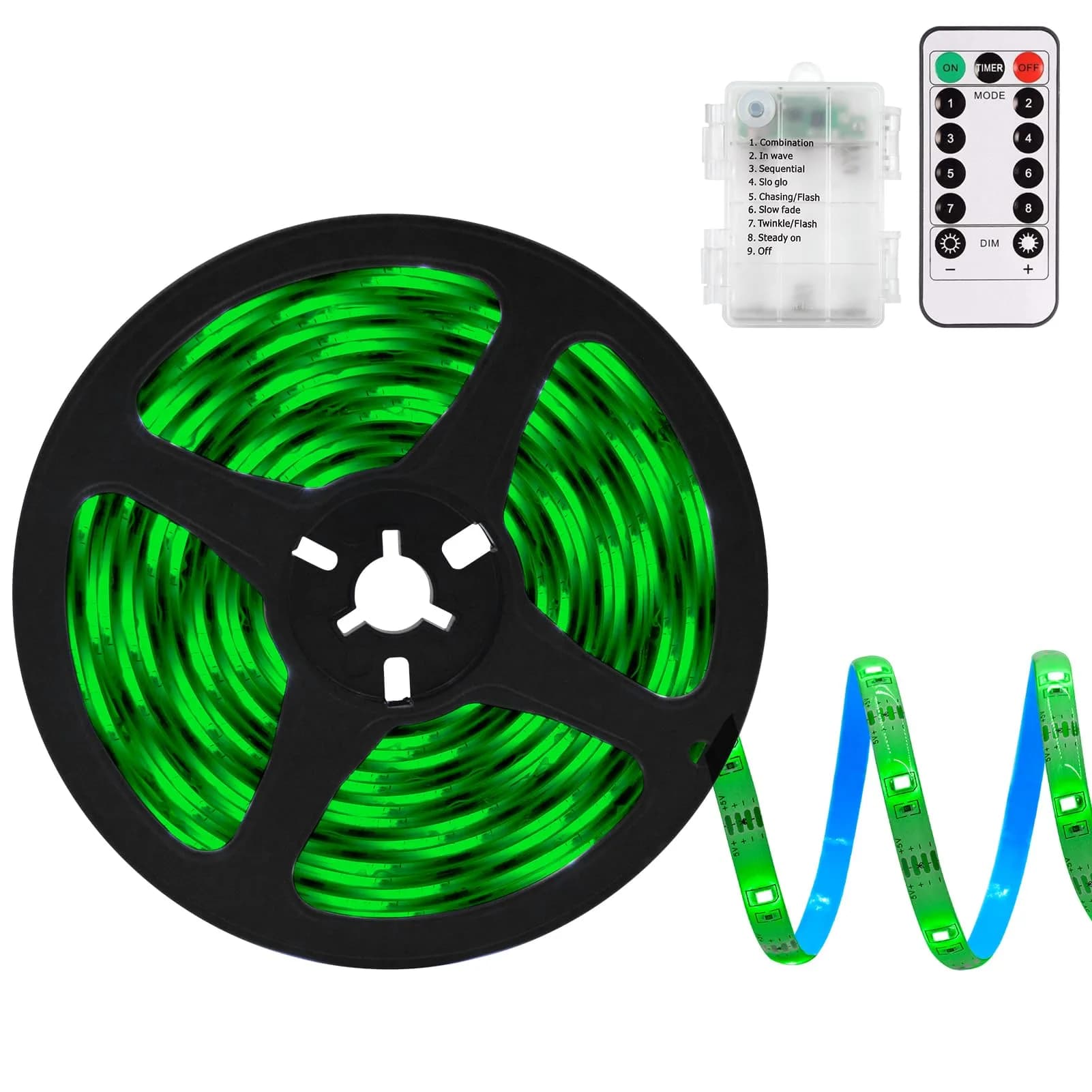 echosari Battery Operated LED Strip Lights Green, 9.8ft (3m) with Remote, 8 Modes, Dimmable, Timer, Self-Adhesive, Cuttable, 90LED - main product image
