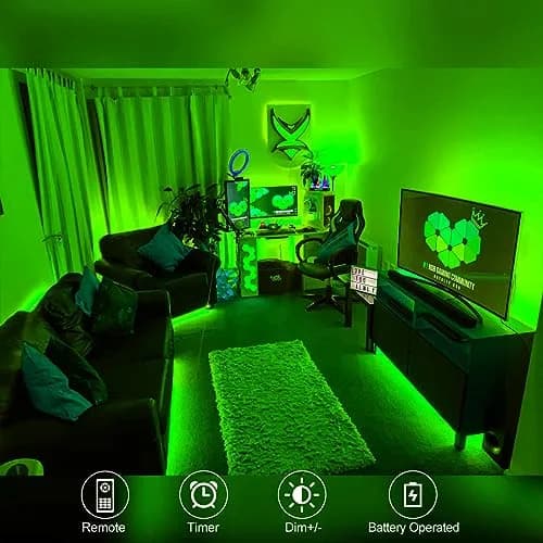 echosari Battery Operated LED Strip Lights Green, 9.8ft (3m) with Remote, 8 Modes, Dimmable, Timer, Self-Adhesive, Cuttable, 90LED thumbnail 3