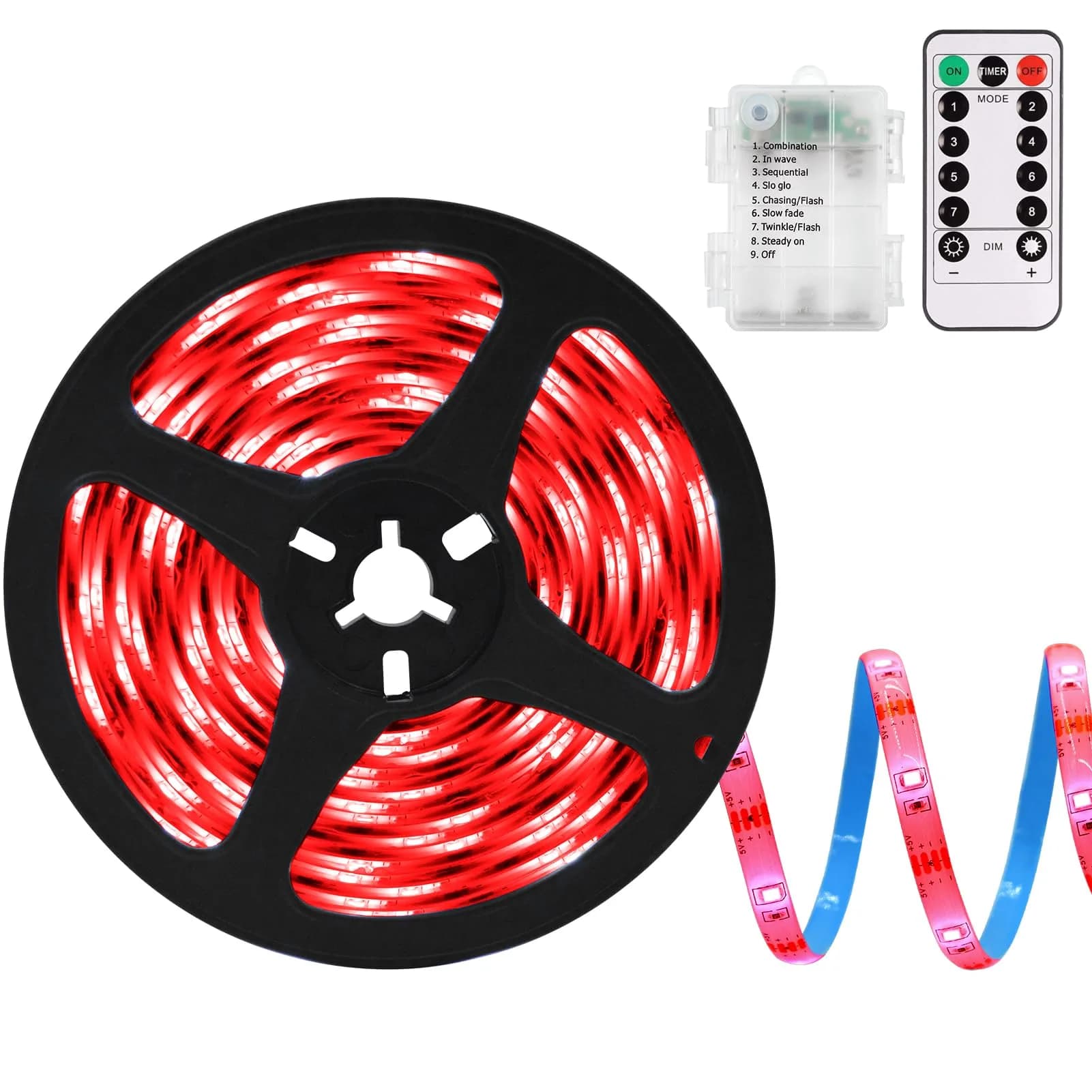 echosari Red LED Strip Lights with Remote, 9.8ft (3m) 90LED - Battery Operated, 8 Modes, Dimmable, Timer, Self-Adhesive - main product image
