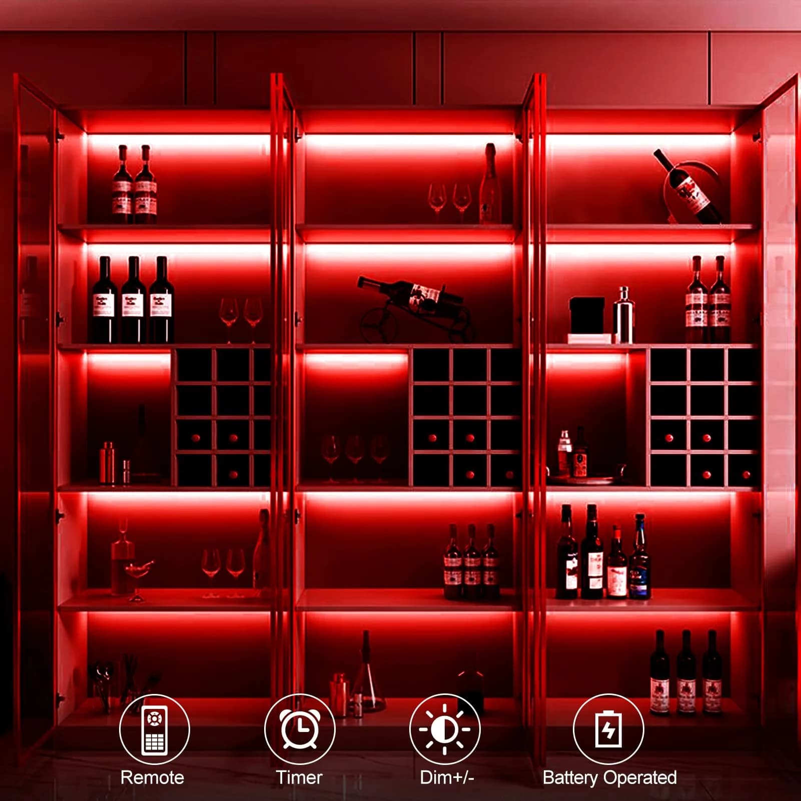 echosari Red LED Strip Lights with Remote, 9.8ft (3m) 90LED - Battery Operated, 8 Modes, Dimmable, Timer, Self-Adhesive - view 2