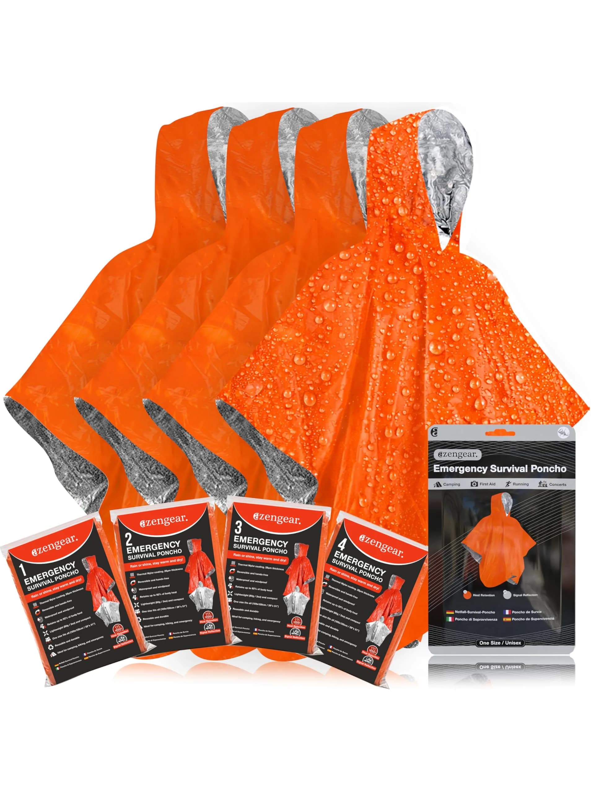 aZengear Emergency Survival Foil Poncho 4 Pack | Reversible Thermal Mylar Orange — Orange