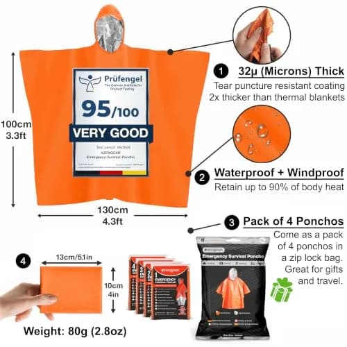 aZengear Emergency Survival Foil Poncho 4 Pack | Reversible Thermal Mylar Orange thumbnail 2