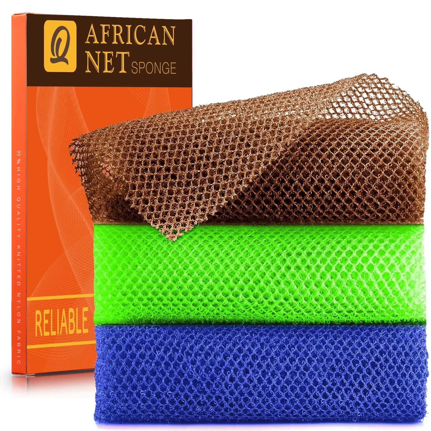UJFQBH African Net Sponge 3 Pack - Brown, Blue & Green | Deep Cleansing & Gentle Exfoliation - main product image