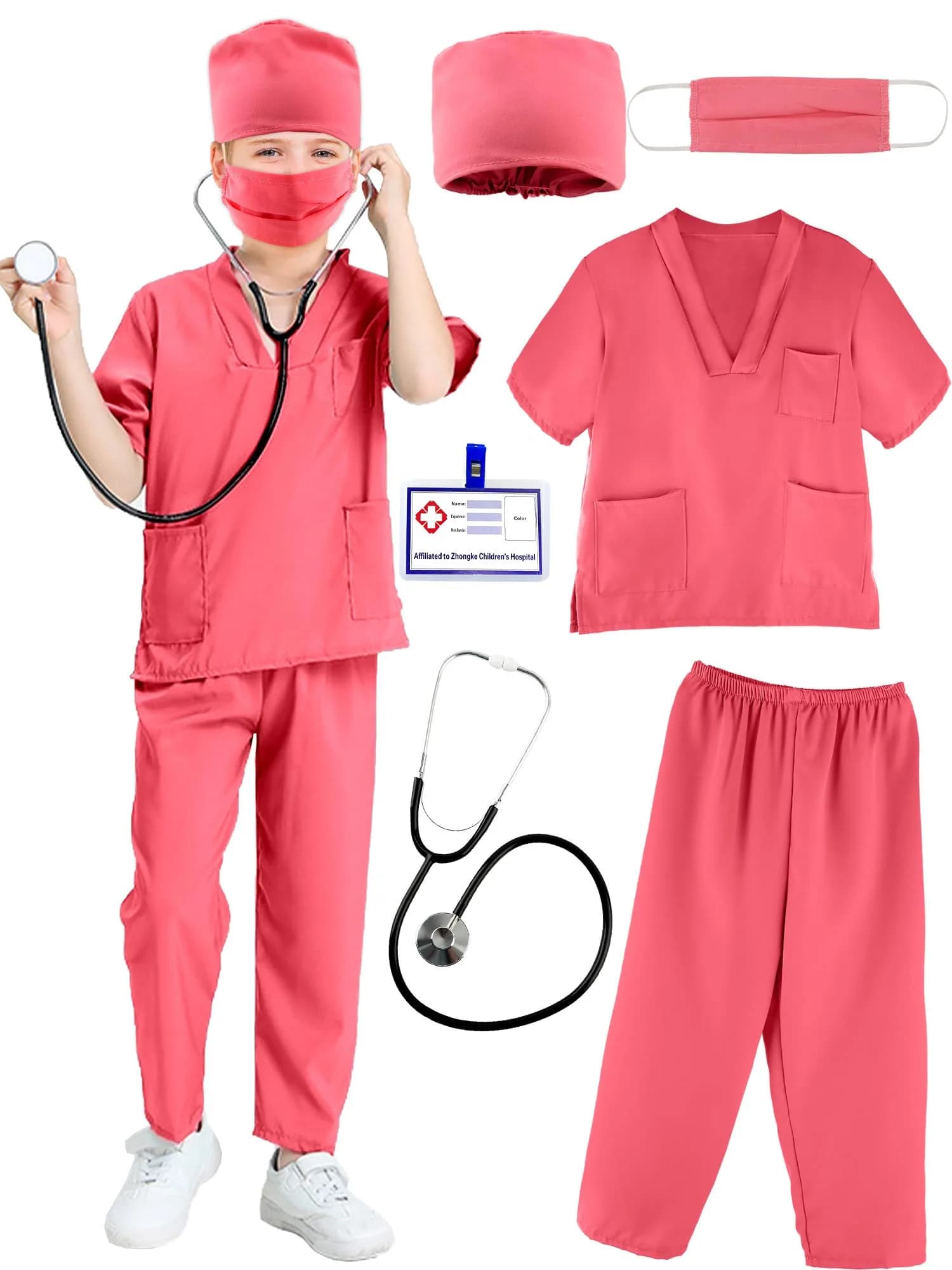 Puteraya Kids Doctor Scrubs Costume Set for Boys Girls | Educational Halloween Dress Up (Pink, 5-7 Years 120-130cm)