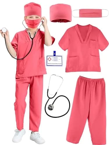 Puteraya Kids Doctor Scrubs Costume Set for Boys Girls | Educational Halloween Dress Up (Pink, 5-7 Years 120-130cm) thumbnail 1