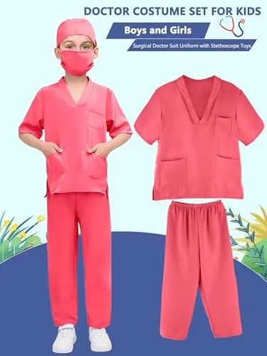 Puteraya Kids Doctor Scrubs Costume Set for Boys Girls | Educational Halloween Dress Up (Pink, 5-7 Years 120-130cm) thumbnail 4
