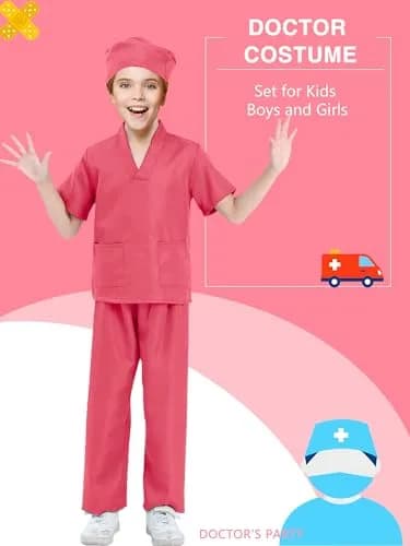 Puteraya Kids Doctor Scrubs Costume Set for Boys Girls | Educational Halloween Dress Up (Pink, 5-7 Years 120-130cm) thumbnail 2