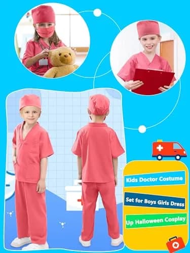 Puteraya Kids Doctor Scrubs Costume Set for Boys Girls | Educational Halloween Dress Up (Pink, 5-7 Years 120-130cm) thumbnail 3