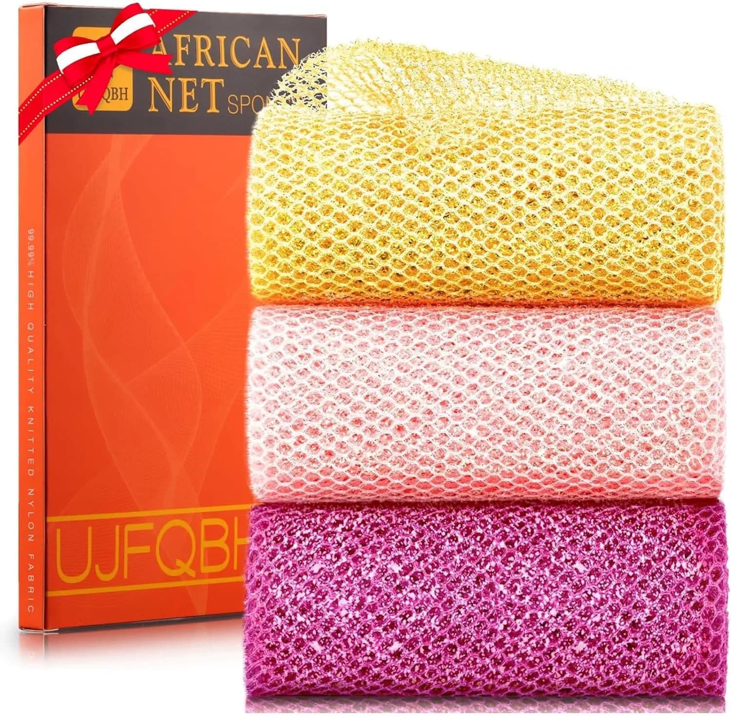 UJFQBH African Net Sponge 3 Pack - Bright Yellow, Pink, Purple | Deep Cleansing & Gentle Exfoliation - main product image