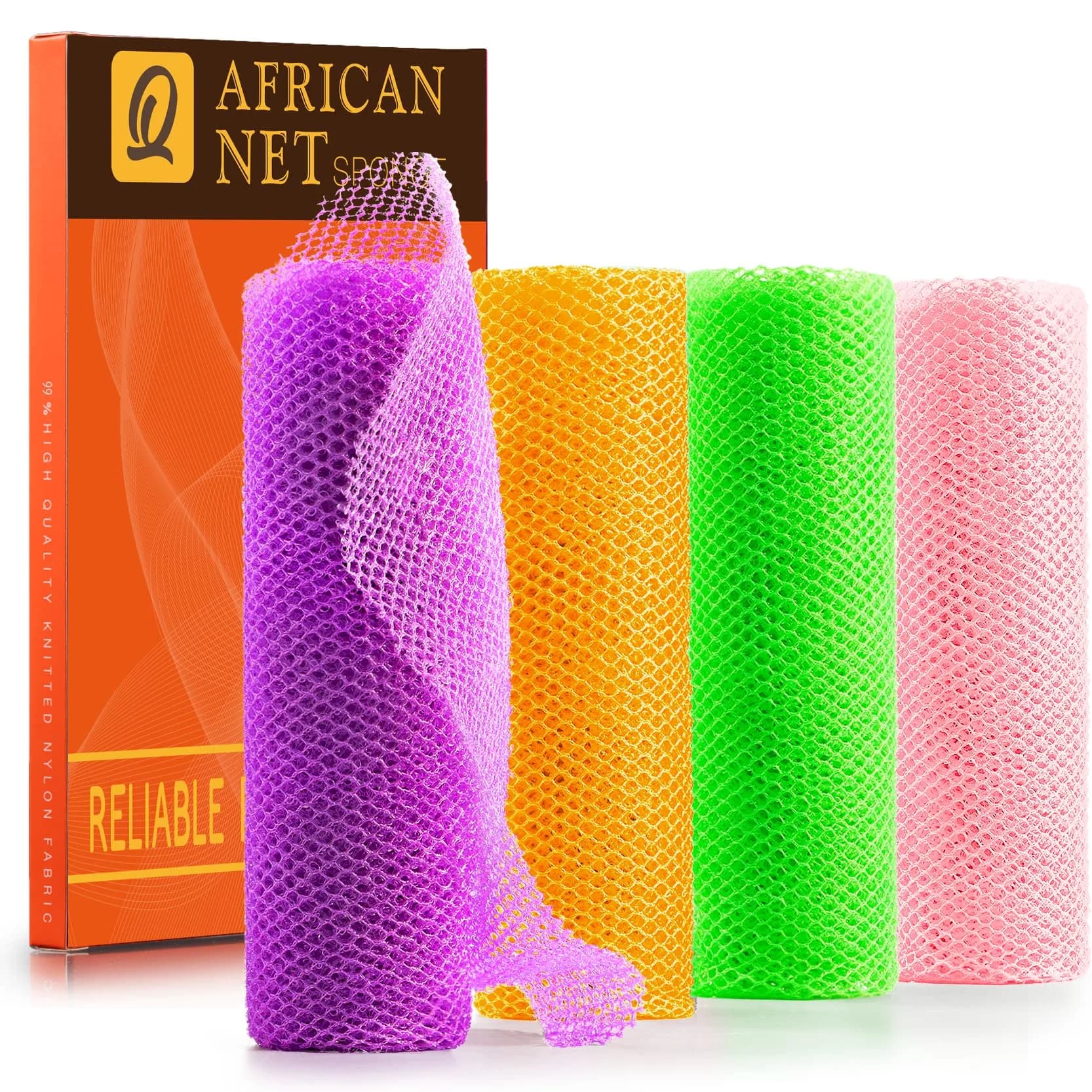 UJFQBH 4 Piece African Net Sponge Set - Purple, Orange, Green, Pink | Deep Cleansing Exfoliation - main product image