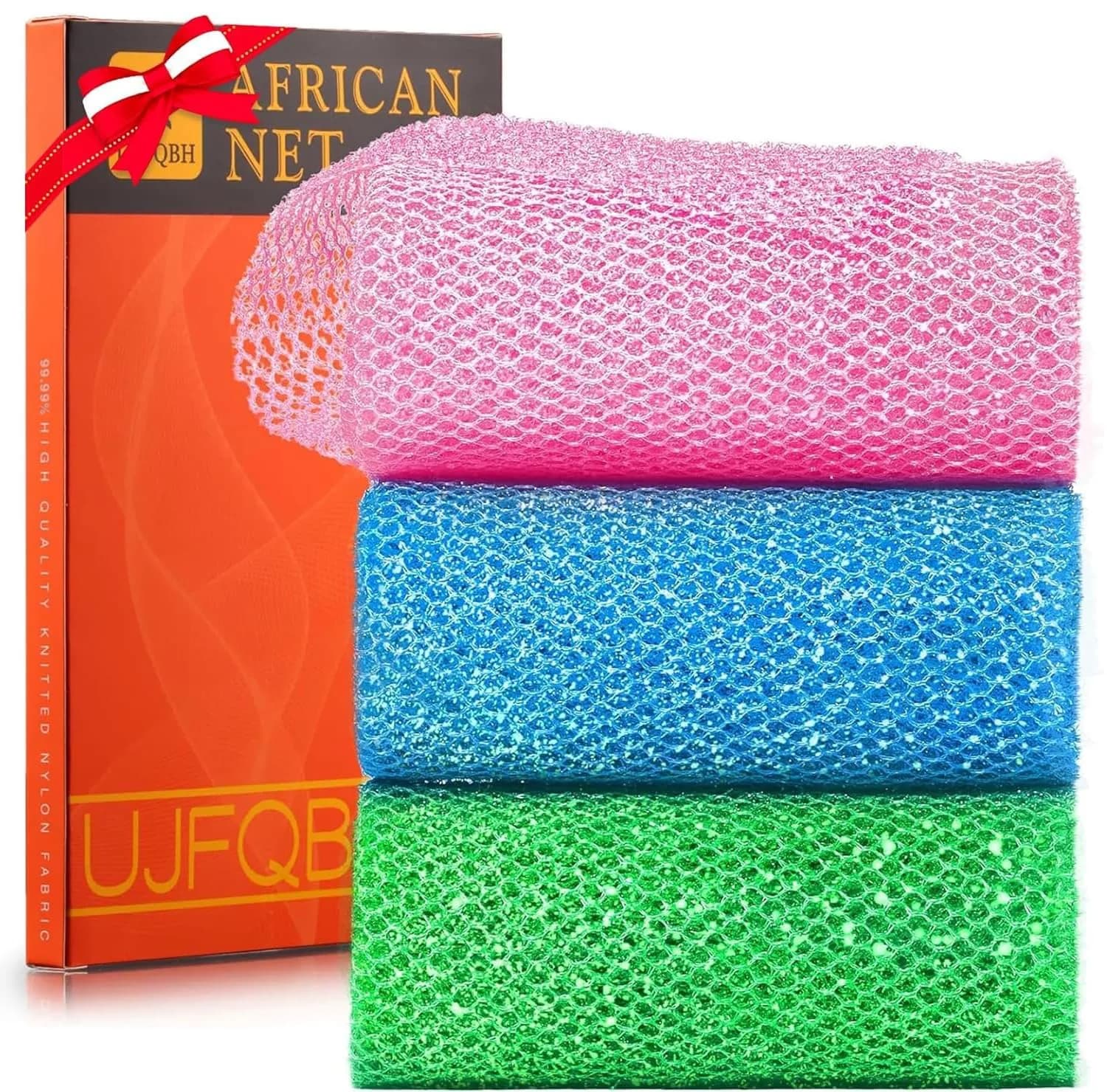 UJFQBH 3 Piece African Net Sponge Set - Bright Pink, Blue, Green | Deep Cleansing & Gentle Exfoliation - main product image