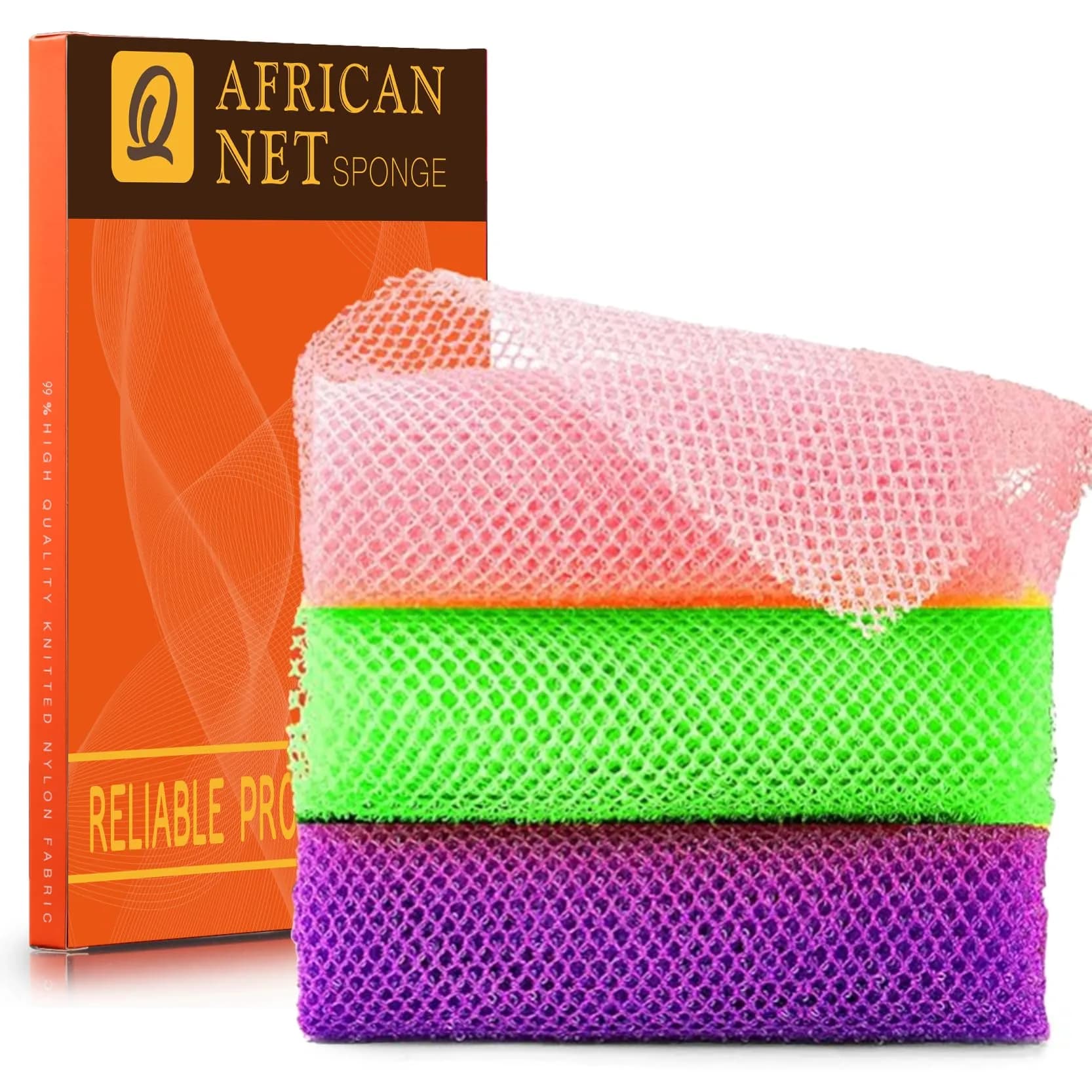 UJFQBH African Net Sponge 3 Pack - Purple, Pink & Green | Deep Cleansing Shower Scrubber - main product image