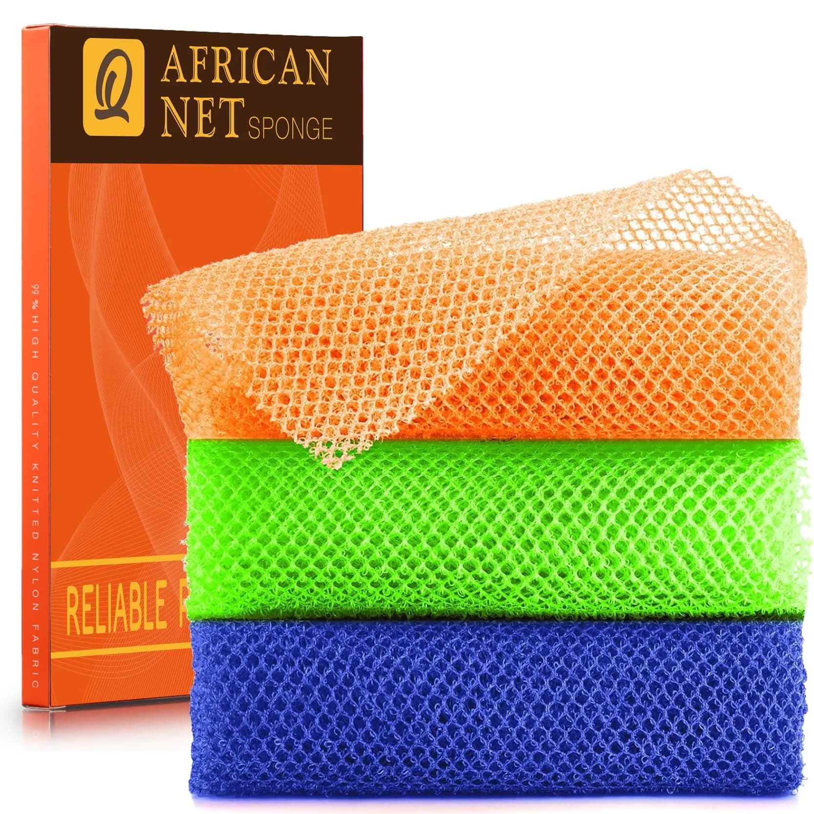 UJFQBH African Net Sponge 3 Pack - Orange, Blue & Green | Deep Cleansing Exfoliation - main product image