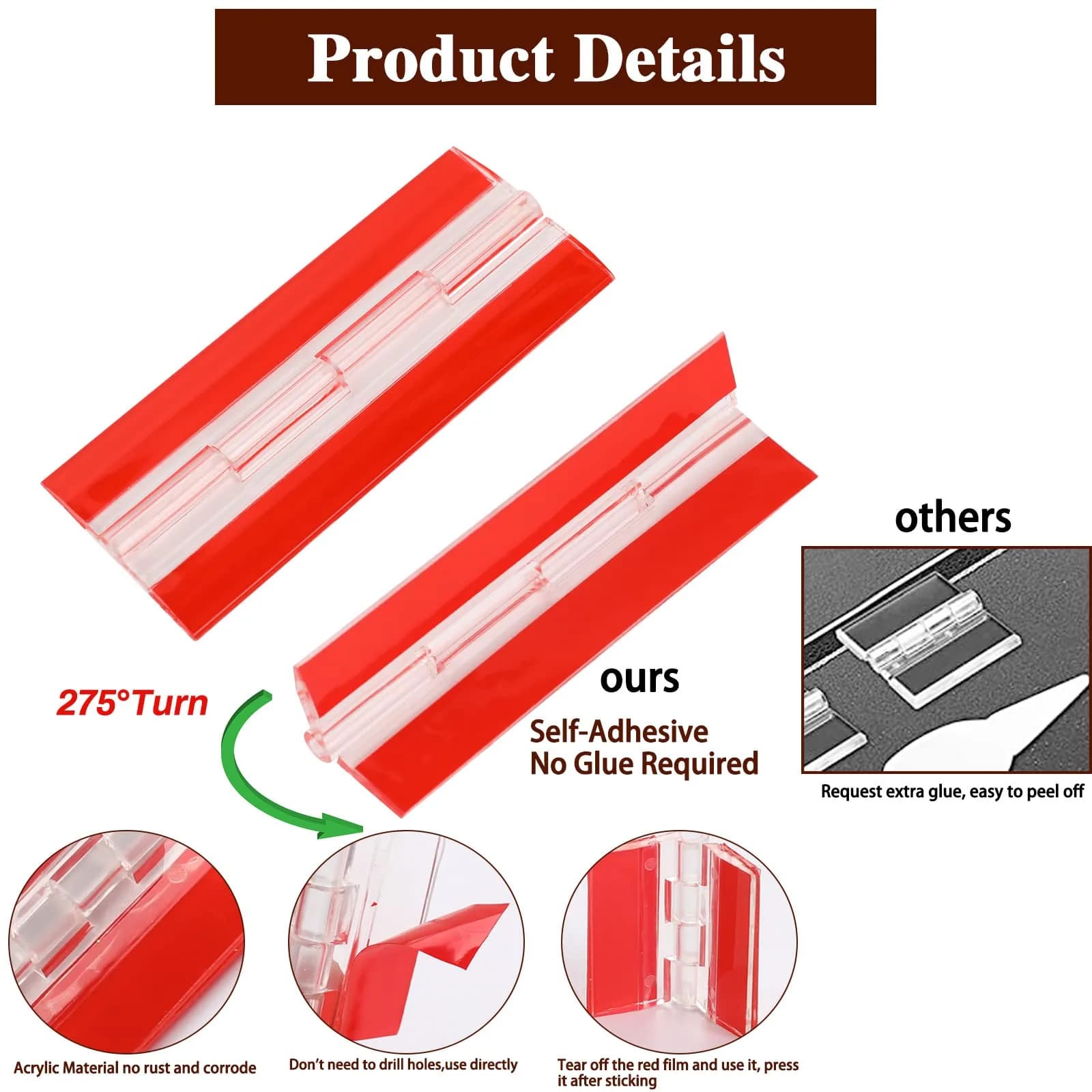 Sliverdew Transparent Acrylic Piano Hinges 100 x 42 mm (2-Pack) | Self-Adhesive Cabinet Door Hinges - view 3