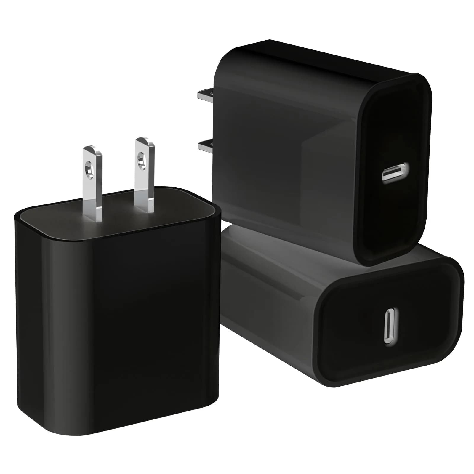 DelTucci 3Pack Pink USB C Charge Block | 20W PD Fast Charger for iPhone & Android — Black