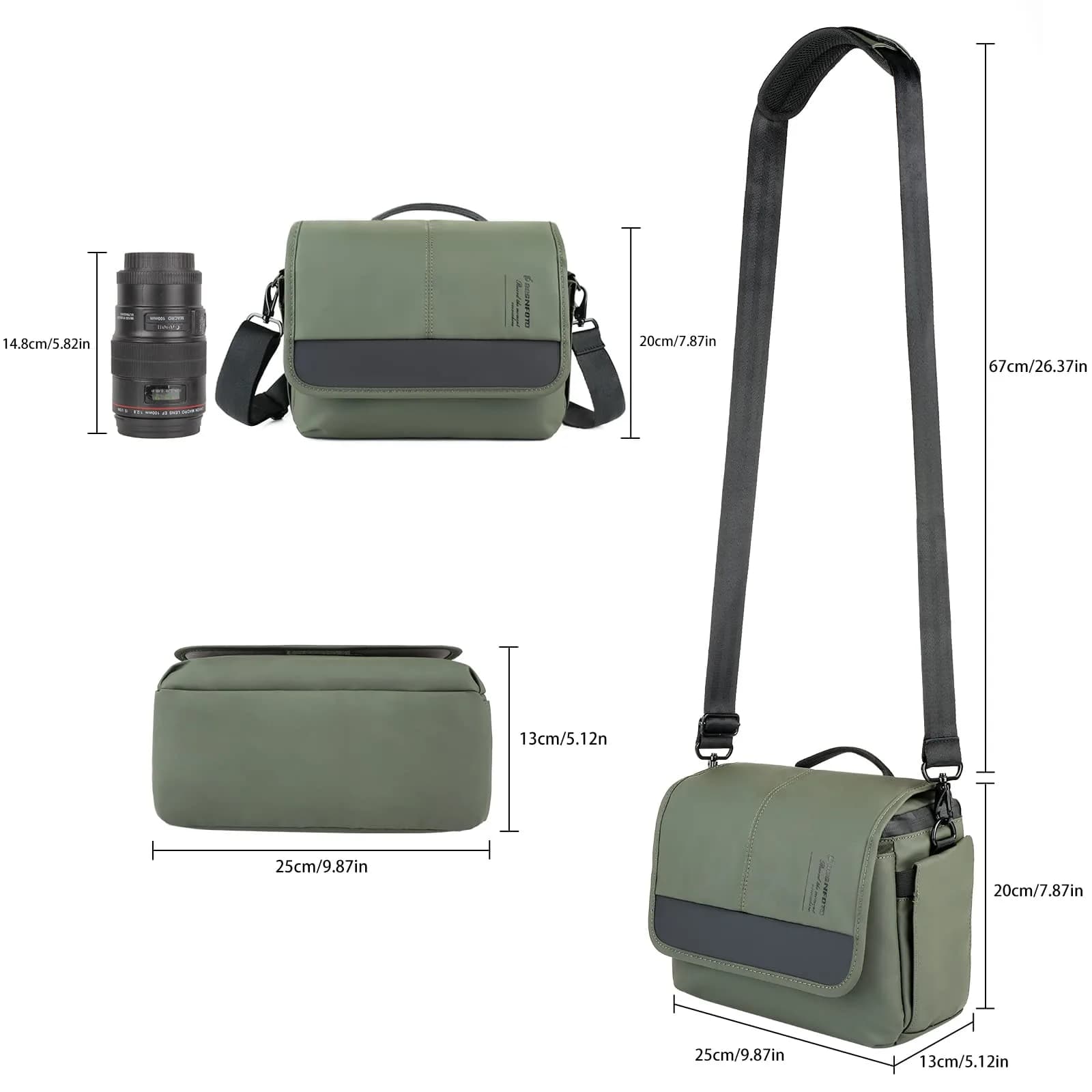 Besnfoto Army Green Retro Camera Bag | Waterproof Messenger Crossbody Case for DSLR Mirrorless Cameras (20cm x 13cm x 20cm) - view 5