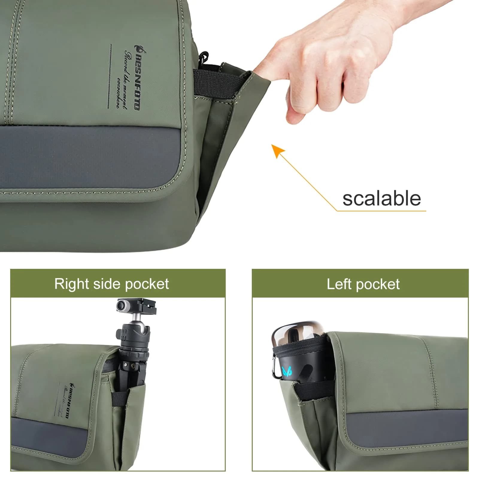 Besnfoto Army Green Retro Camera Bag | Waterproof Messenger Crossbody Case for DSLR Mirrorless Cameras (20cm x 13cm x 20cm) - view 3