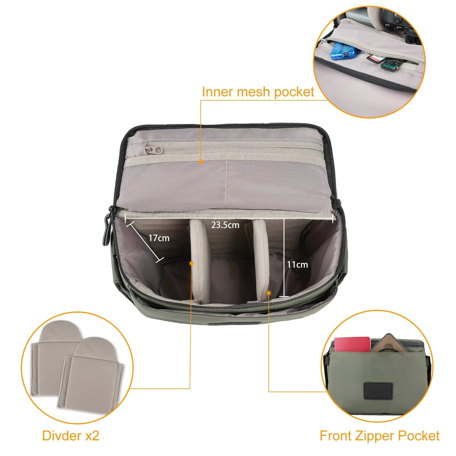 Besnfoto Army Green Retro Camera Bag | Waterproof Messenger Crossbody Case for DSLR Mirrorless Cameras (20cm x 13cm x 20cm) - view 4