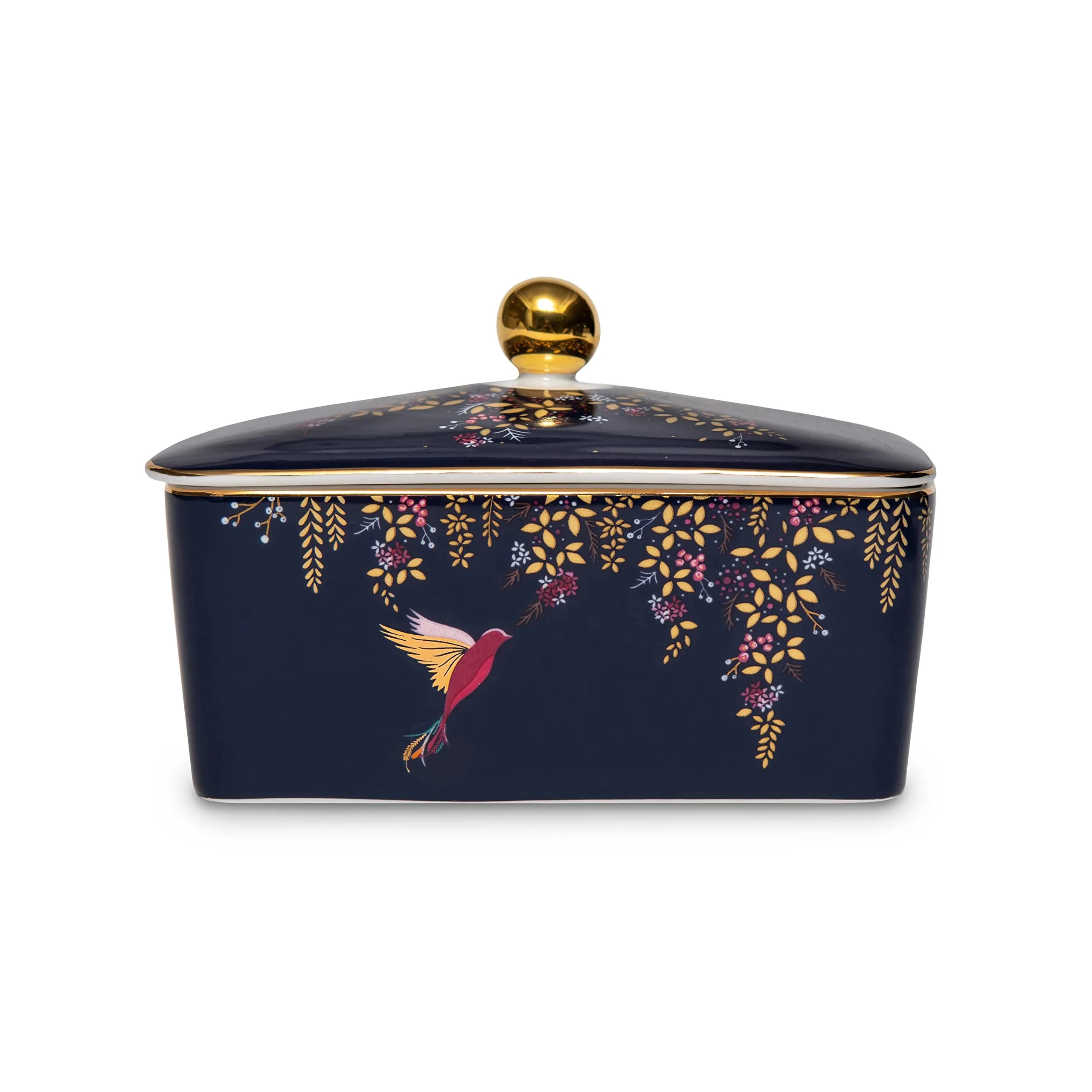 Portmeirion Sara Miller Chelsea Covered Butter Dish - Navy | Elegant Ceramic with Gold Detailing (4" H x 4.6" L x 6.2" W)