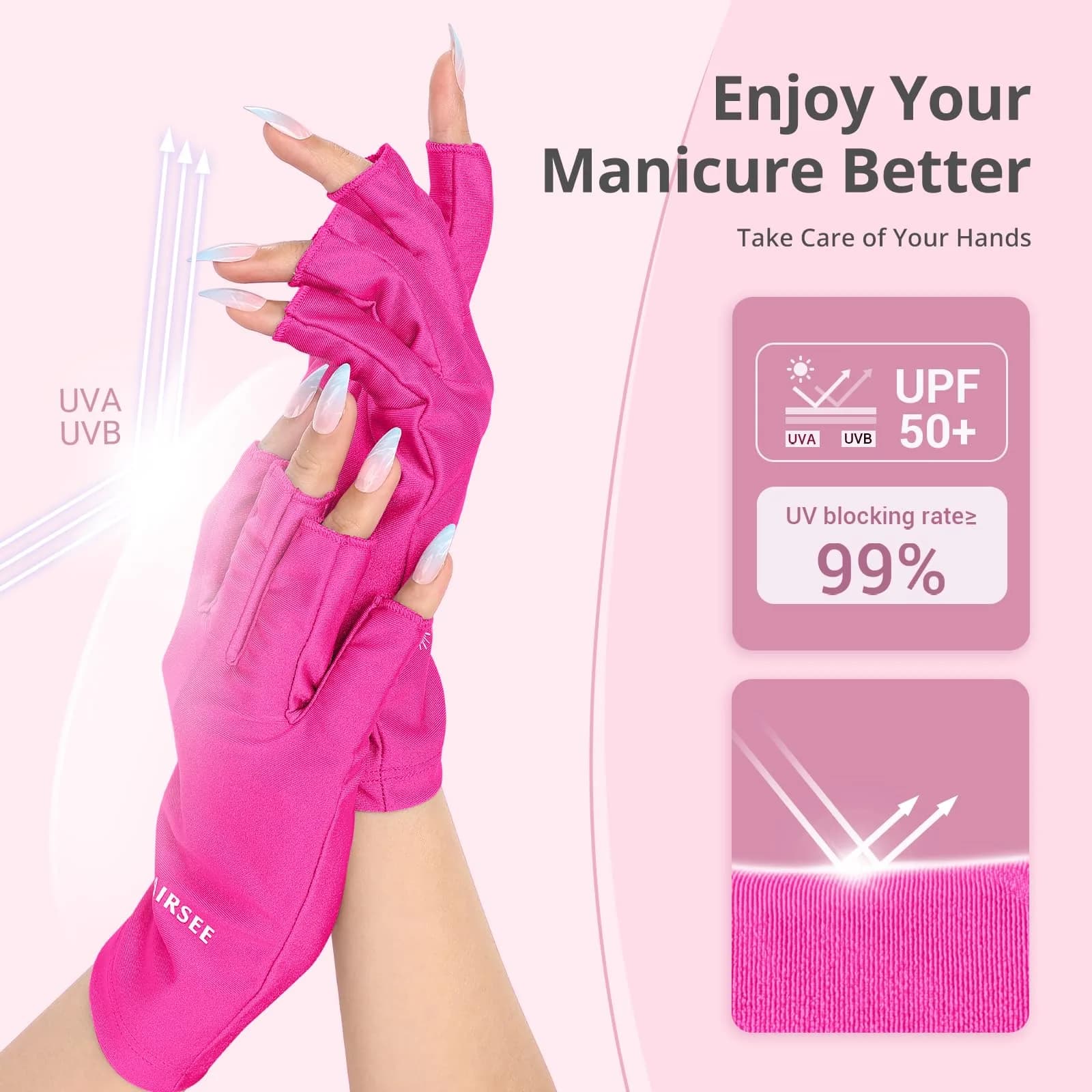 AIRSEE Fingerless UPF50+ UV Protection Gloves for Nail Lamp - Rose Red - view 2