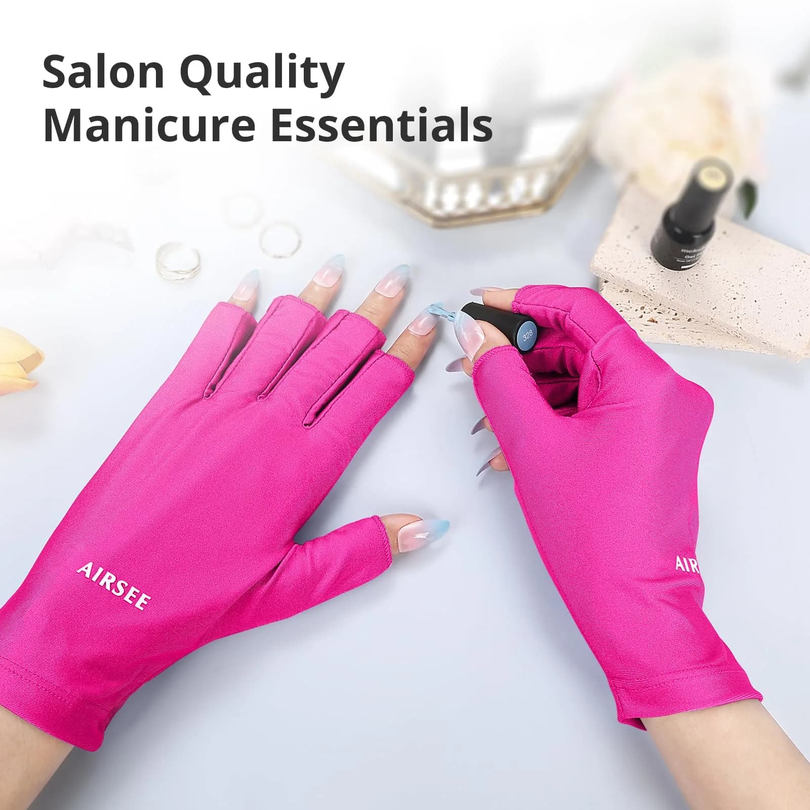 AIRSEE Fingerless UPF50+ UV Protection Gloves for Nail Lamp - Rose Red - view 4