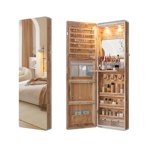 HNEBC Jewelry Organizer with LED Lights & Full-Length Mirror | Wall Mounted, Lockable, 47.2" thumbnail 1