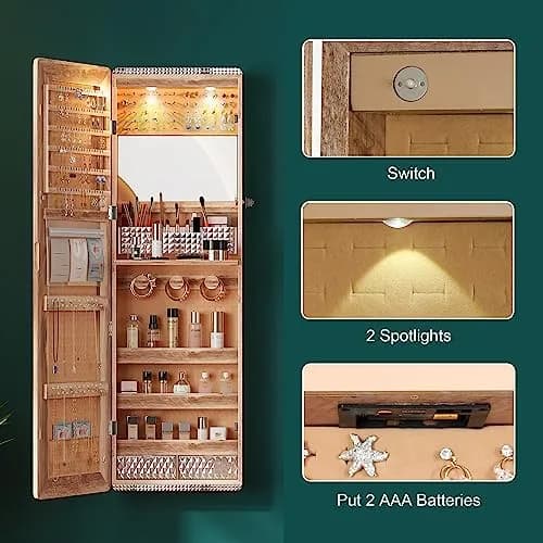 HNEBC Jewelry Organizer with LED Lights & Full-Length Mirror | Wall Mounted, Lockable, 47.2" thumbnail 7
