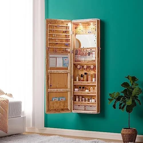 HNEBC Jewelry Organizer with LED Lights & Full-Length Mirror | Wall Mounted, Lockable, 47.2" thumbnail 9
