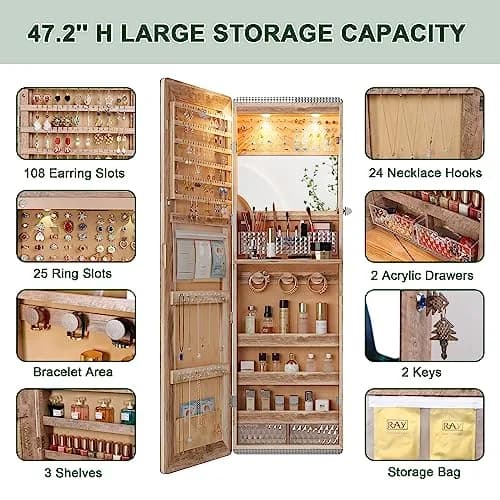 HNEBC Jewelry Organizer with LED Lights & Full-Length Mirror | Wall Mounted, Lockable, 47.2" thumbnail 3