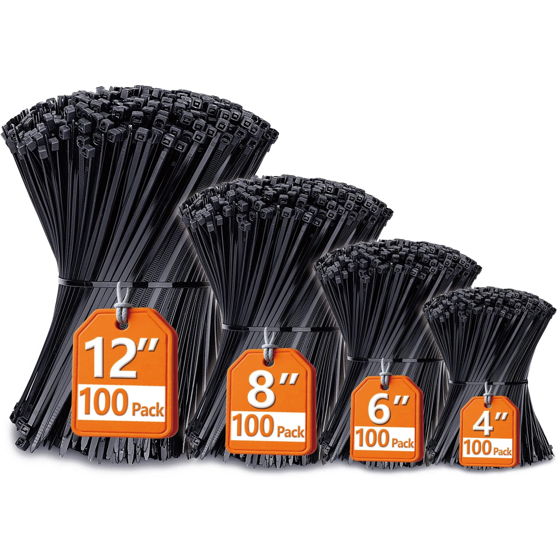 ANOSON Black Zip Ties Assorted Sizes 4"+6"+8"+12" | UV Resistant Nylon, 400 Pack, Indoor & Outdoor Use — 4"+6"+8"+12"
