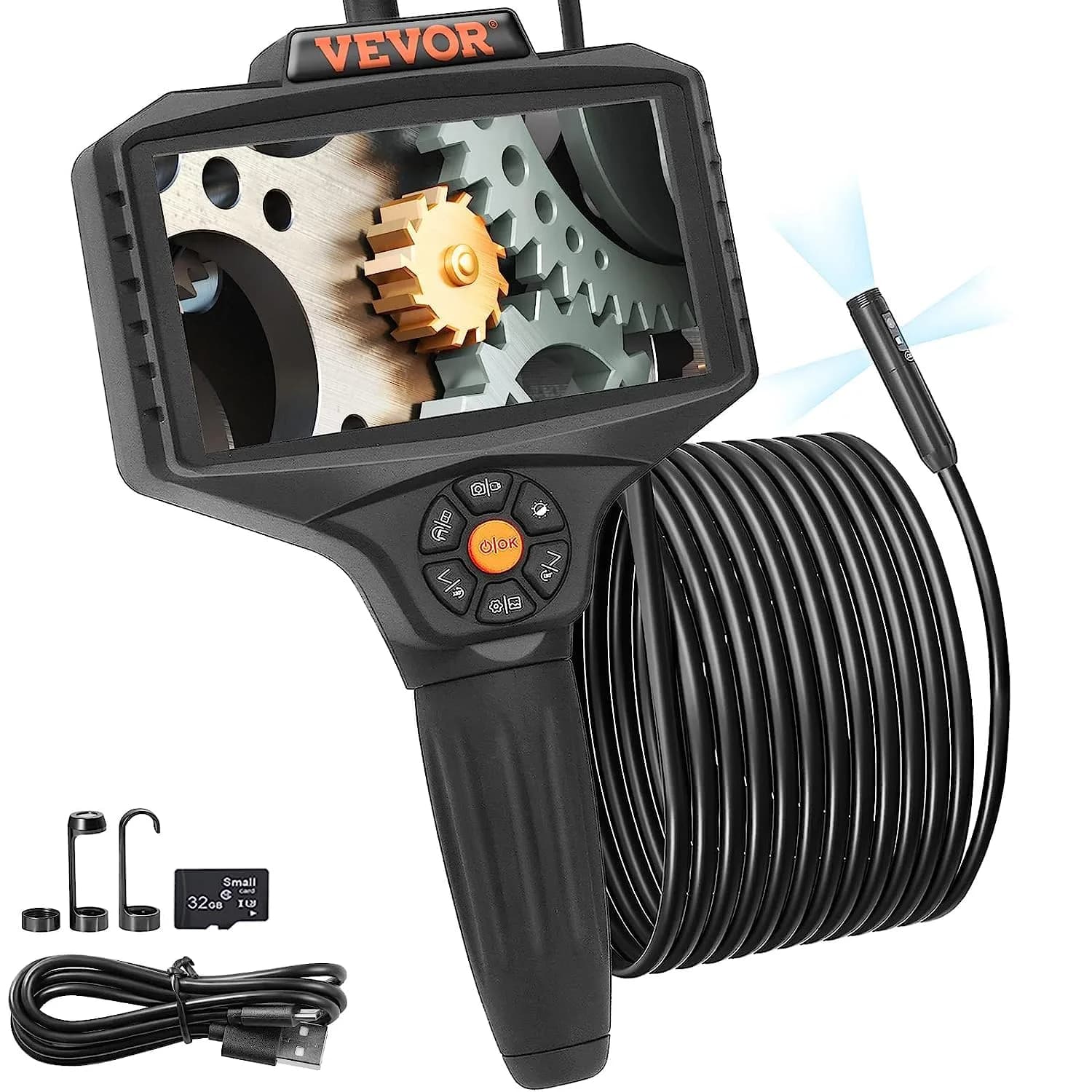 VEVOR Triple Lens Inspection Camera with Light, 5" IPS Screen, 16.5ft Cable, 1080P HD, 8X Zoom, Waterproof IP67, Automotive & Plumbing Use — Triple-View