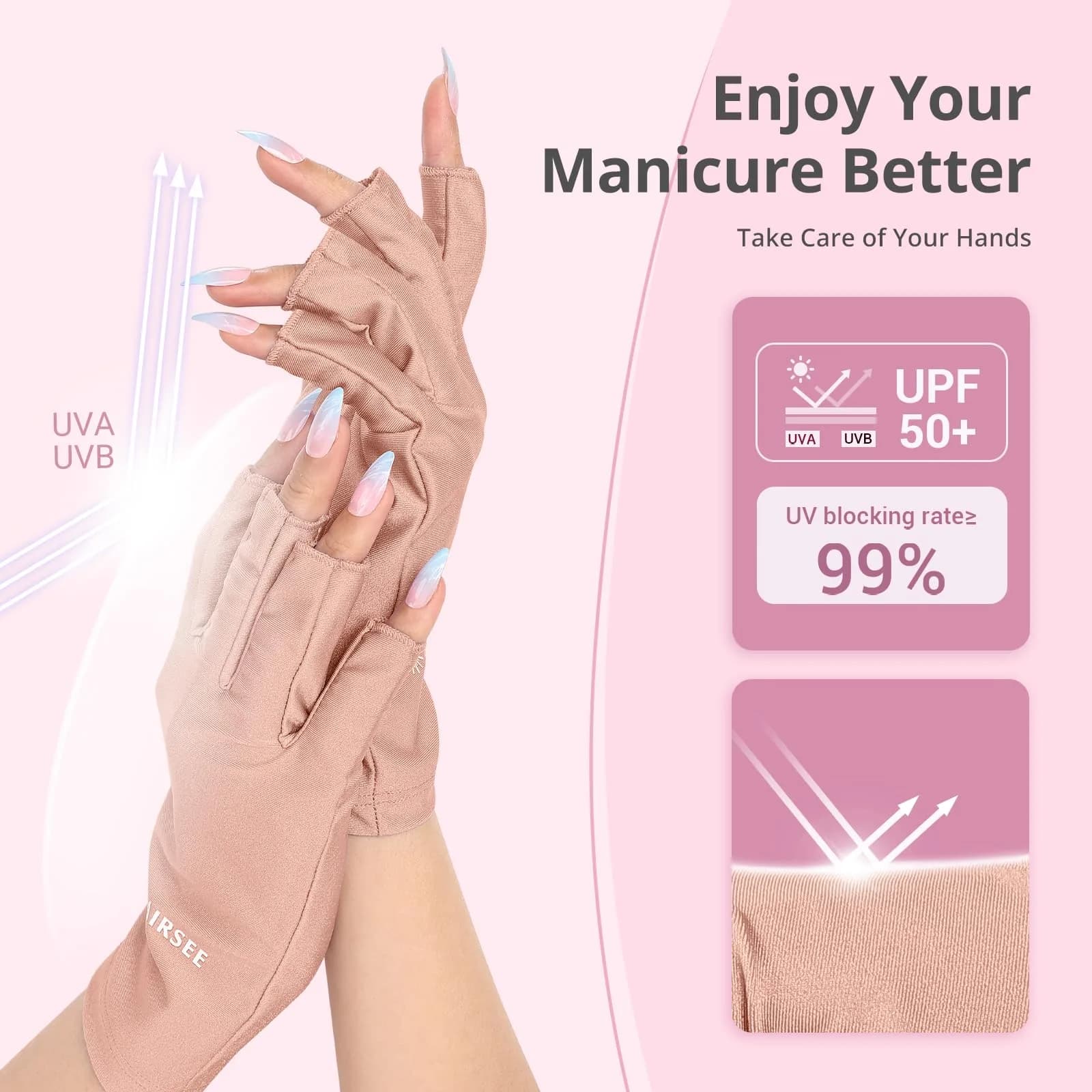 AIRSEE Pink UPF50+ UV Protection Fingerless Gloves for Nail Lamp - view 2