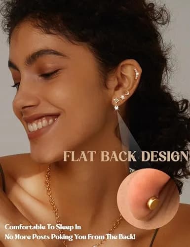 LOLIAS 16 Gauge Flat Back Cartilage Earrings for Women Hypoallergenic Stud | 9 Pcs Stainless Steel Varieties thumbnail 2