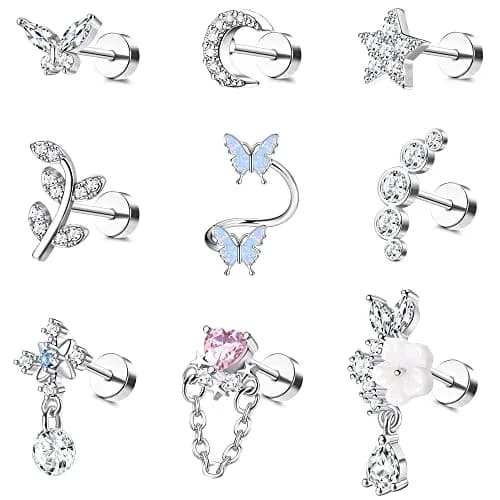 LOLIAS 16 Gauge Flat Back Cartilage Earrings for Women Hypoallergenic Stud | 9 Styles, Silver Tone, 6mm Post thumbnail 1