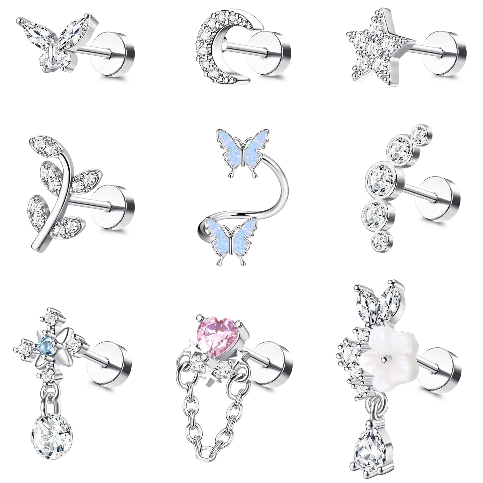 LOLIAS 16 Gauge Flat Back Cartilage Earrings for Women Hypoallergenic Stud | 9 Styles, Silver Tone, 6mm Post - main product image
