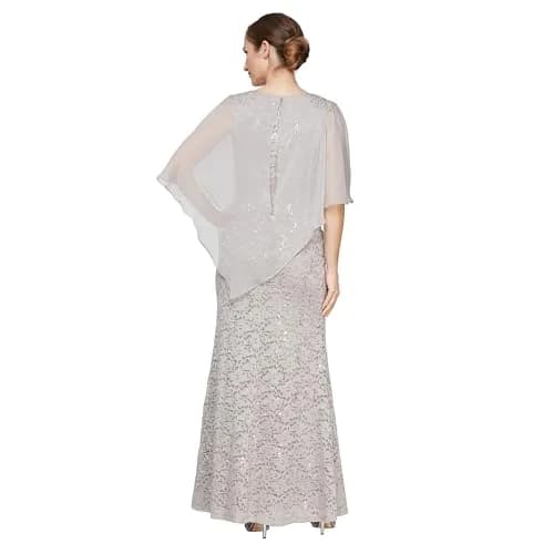 S.L. Fashions Women's Long Length Sequin Lace Beaded Capelet Dress | Formal Evening Gown in Deep Plum (8P) thumbnail 2