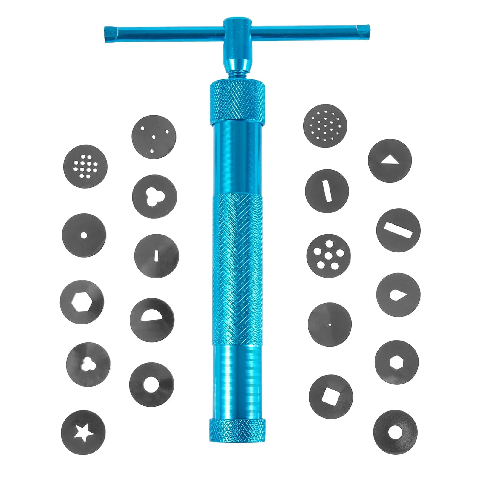 YAMHOHO Pink Clay Extruder Tool Set with 20 Discs | 16.5 cm (6.5 in) Stainless Steel & Aluminum Alloy — Blue
