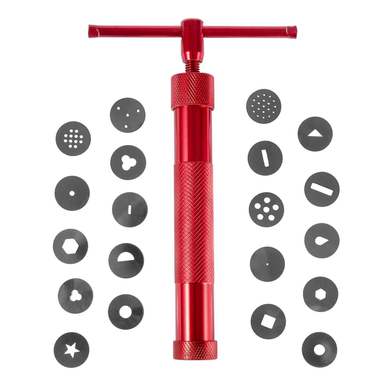 YAMHOHO Red Clay Extruder Tool Set with 20 Discs | Stainless Steel Fondant Decorating Tool for Pottery and Cake Craft
